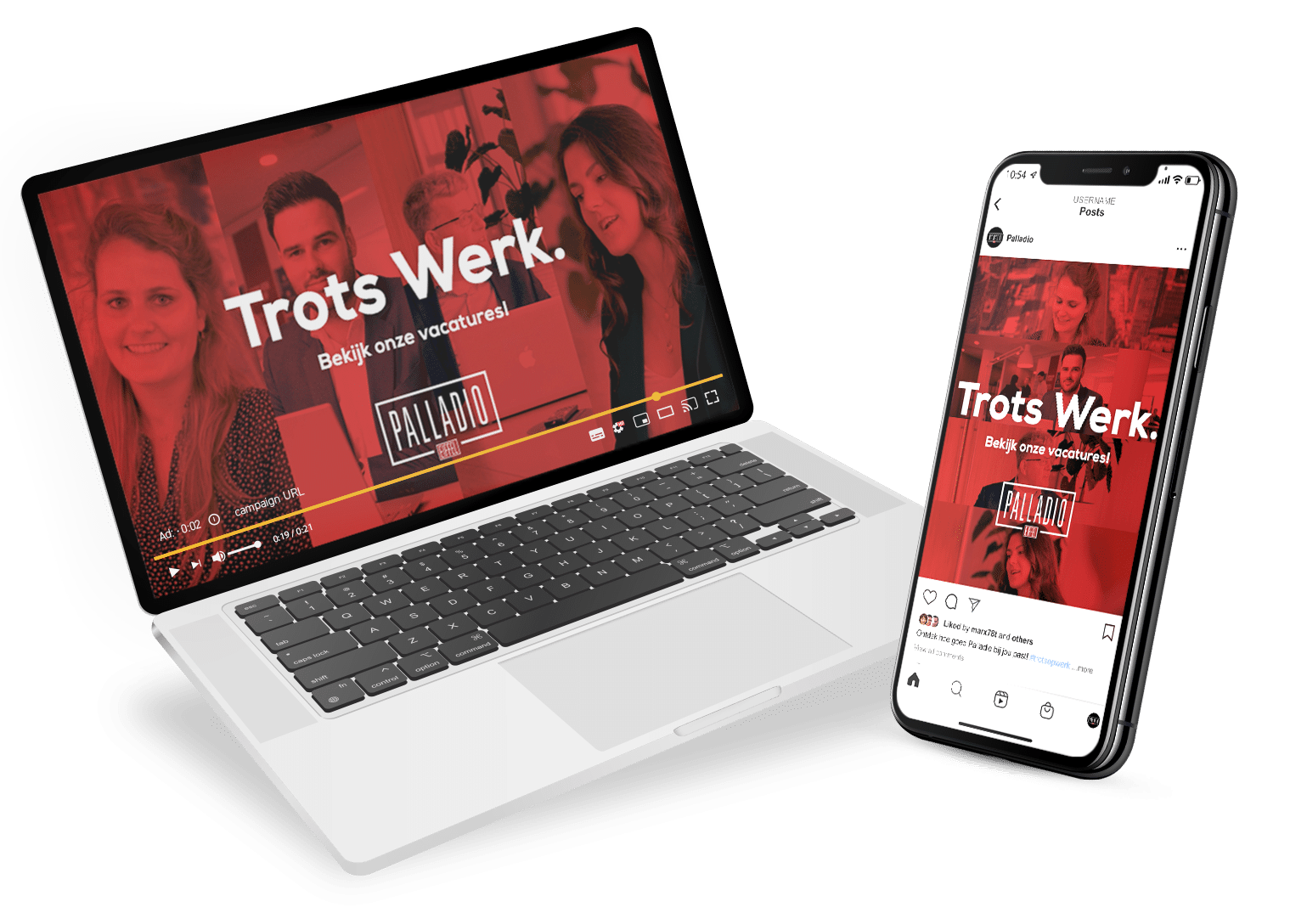 Mockup van laptop en smartphone met social ads van Palladio