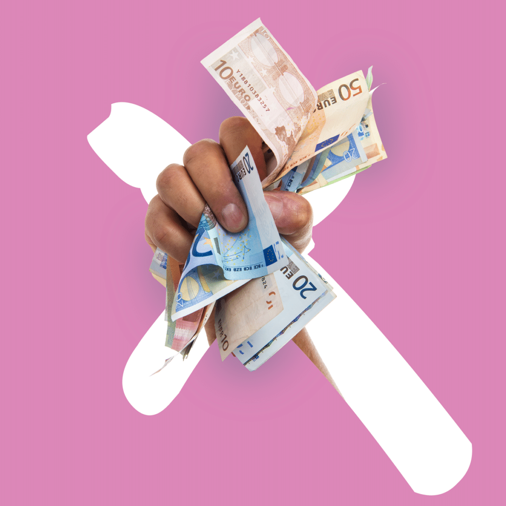Vuist vol met geld uit het TRGR beeldmerk, roze achtergrond